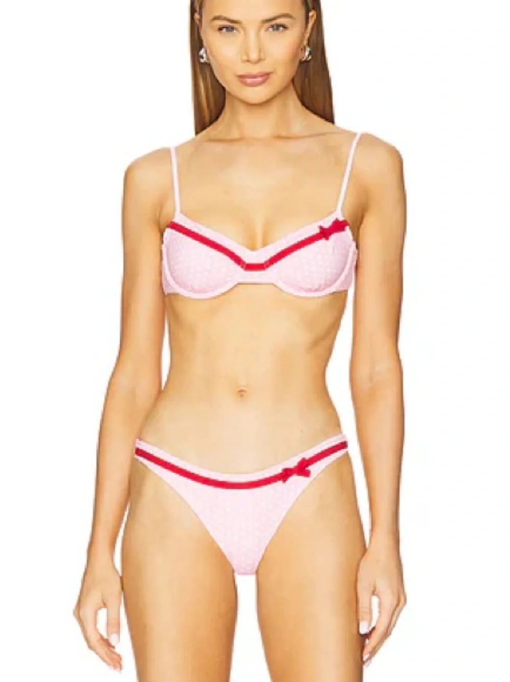New Frankie’s Bikinis Set Morning Dove Pink Red Love Sexy Bra Polka Dot Medium